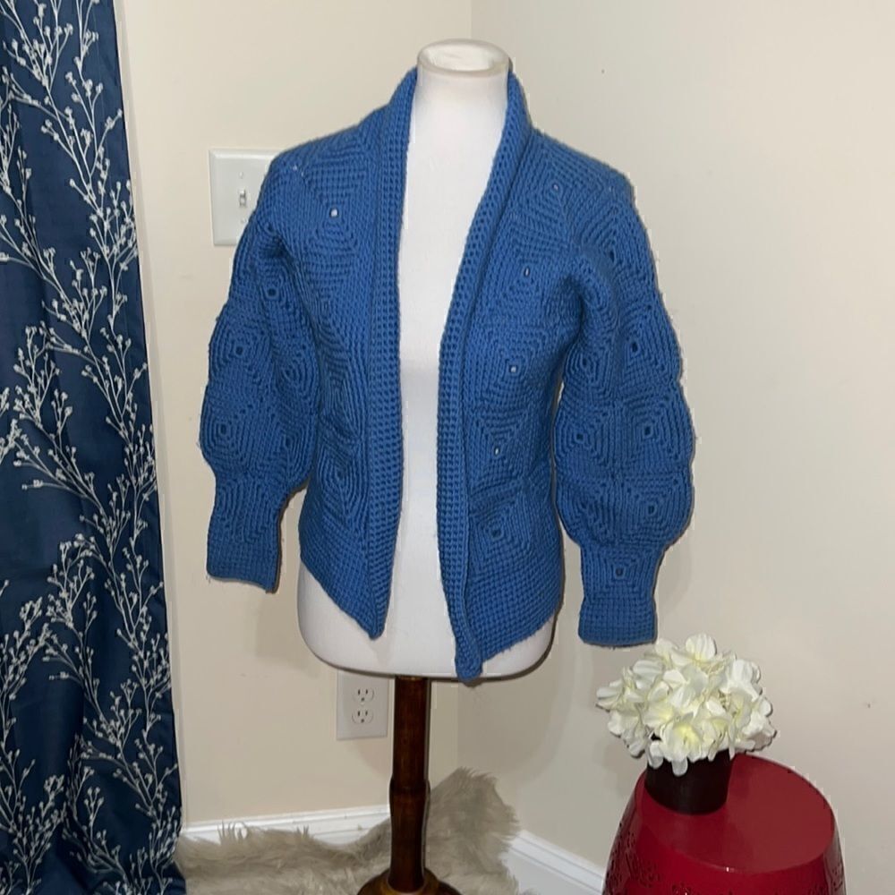 Vintage VTG Handmade Crochet Blue Cardigan Sweater Cottagecore Grannycore